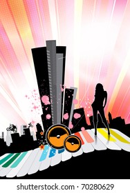 Music event poster with city in background