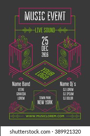 Music Event Poster Template. Isometric Speakers And Geometric Elements.