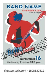 Music event promo material in flat style. Vector poster "Retro Live Music" red silhouette of a man playing the banjo or guitar. An easy-to-edit vector poster template.