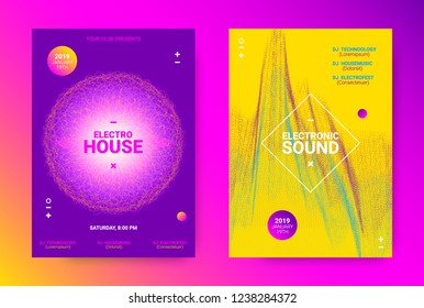 Music Event Promotion. Electronic Sound Poster Concept. Flyer for Techno Music Festival. Dance Event Banner with Wave Dotted Lines. Distortion and Movement Effect. Futuristic Equalizer for Night Event