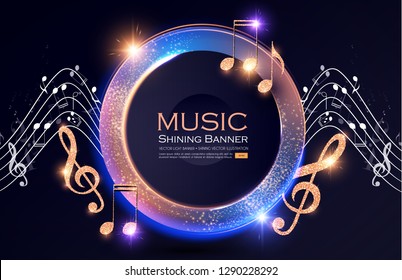 Music Event Shining Banner with Golden Notes and Lights. Festival Design Template. Vector illustration