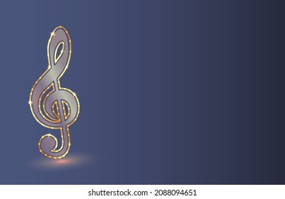 Music event shining golden treble clef  with lights banner. Elegant luxury vector illustration for festival design template. Copy space for your text.