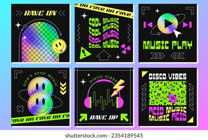 Music event social media posters templates with geometric shapes, smiles and rainbow holographic gradient. Set of banners, flyers in y2k style. Disco posters with neon copy space, hologram elements.