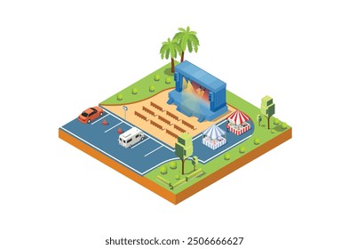 Music Event Stage with ample parking and vehicle parking, Suitable for Diagrams, Game Asset, And Other asset