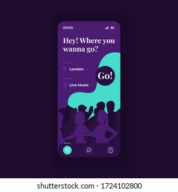 Music events application smartphone interface vector template. Mobile app page dark design layout. Popular concerts, pastime planner screen. Flat UI for application. Selection menu on phone display