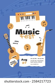 Music events template poster, flyer, banner with musical instrument guitar, saxophone, keyboards. Music festival design concept.