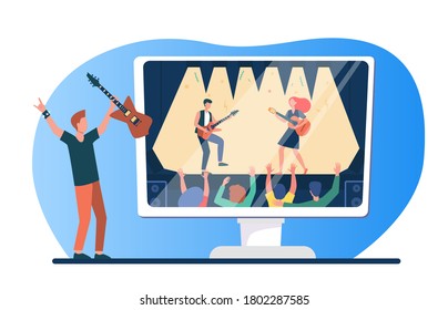 Music Fan Enjoying Rock Concert On TV. Man With Guitar Watching Music Festival Flat Vector Illustration. Quarantine, Home Entertainment Concept For Banner, Website Design Or Landing Web Page