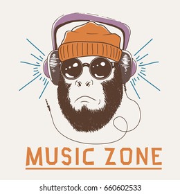 Music fan hipster monkey dressed in headphones and sunglasses.Hipster-chimpanzee.Prints design for -t-shirts