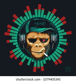 Music fan hipster monkey in headphone. DJ chimpanzee