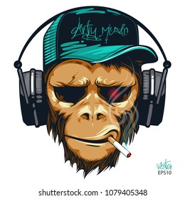 Music fan hipster monkey in headphone. DJ chimpanzee