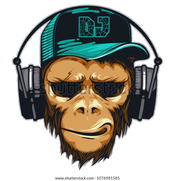 ヘッドホンに音楽ファンのヒップスター猿 Djチンパンジー のベクター画像素材 ロイヤリティフリー