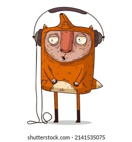 A music fan, isolated vector illustration. A guy wearing a fox pajama enjoying the melody. A hipster dude listening to the song on big wired headphones. An urban character. A melomaniac