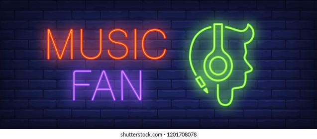 Music fan neon sign. Man in headphones. Music shop, nightclub, entertainment. Night bright advertisement. Vector illustration in neon style for music, leisure, technology