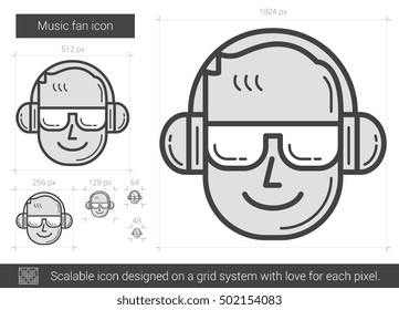 Musik-Fan, Vektorsymbol einzeln auf weißem Hintergrund. Musikfan-Line-Symbol für Infografik, Website oder App. Skalierbares Symbol, das auf einem Gittersystem entworfen wurde.