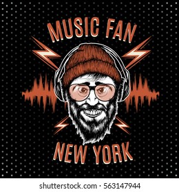 Music fan.Bearded man in sunglasses listening to music in headphones.T-shirt design
