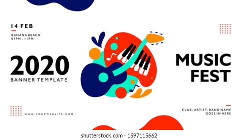 music fest 2020 banner background template with colorful trend colors. Poster for print material, advertisement, and element with piano and guitar shapes. Vector illustration.