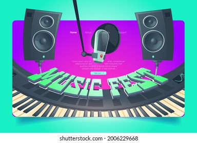 Music fest banner. Invitation to musical festival, live concert event. Vector landing page with cartoon illustration of synthesizer keyboard, loudspeakers and microphone