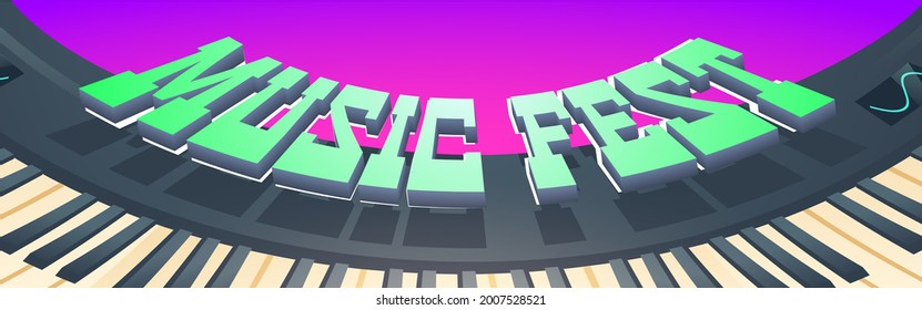 Music fest banner. Invitation to musical festival, live concert event. Vector cartoon illustration of synthesizer keyboard, loudspeakers and microphone