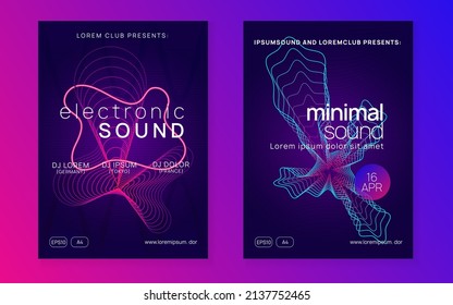 Music fest. Bright discotheque magazine set. Dynamic fluid shape and line. Music fest neon flyer. Electro dance. Electronic trance sound. Techno dj party. Club event poster.