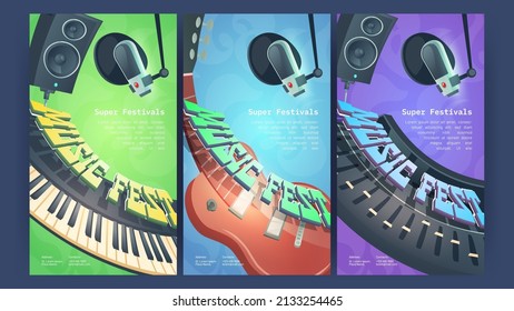 Music fest cartoon posters with electric guitar, synthesizer, dynamics and microphone in recording studio. Rock-n-roll musical disco party, pop concert, festival live event, Vector flyers retro design