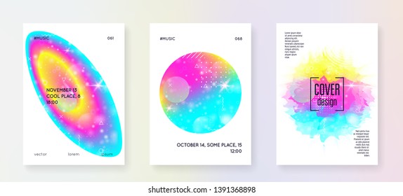 Music fest. Creative brochure design set for indie concert. Electronic sound. Night dance holiday. Fluid holographic gradient shape and line. Music fest summer poster and flyer.