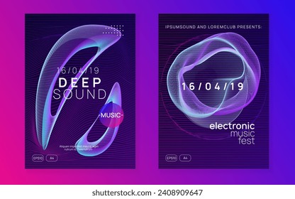 Music fest. Curvy concert magazine set. Dynamic gradient shape and line. Music fest neon flyer. Electro dance. Electronic trance sound. Techno dj party. Club event poster.