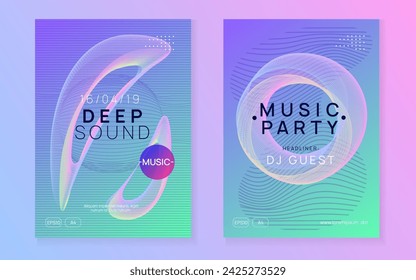 Music fest. Curvy concert magazine set. Dynamic gradient shape and line. Music fest neon flyer. Electro dance. Electronic trance sound. Techno dj party. Club event poster.