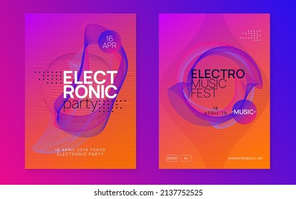 Music fest. Curvy show cover set. Dynamic gradient shape and line. Music fest neon flyer. Electro dance. Electronic trance sound. Techno dj party. Club event poster.