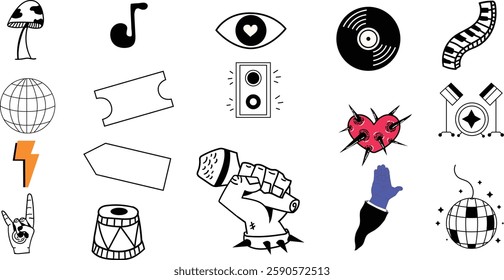 Music Fest Doddle Set,Design Element for music poster,Hand Drawn Song related drawing,Summer music fest doddle,live,pop,fun, icons.