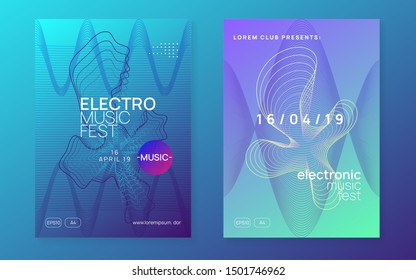 Music fest. Dynamic fluid shape and line. Geometric discotheque banner set. Music fest neon flyer. Electro dance. Electronic trance sound. Techno dj party. Club event poster.