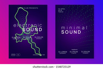 Music fest. Dynamic fluid shape and line. Curvy discotheque invitation set. Music fest neon flyer. Electro dance. Electronic trance sound. Techno dj party. Club event poster.
