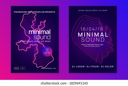 Music fest. Dynamic fluid shape and line. Curvy concert cover set. Music fest neon flyer. Electro dance. Electronic trance sound. Techno dj party. Club event poster.