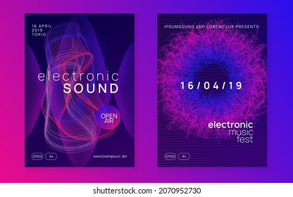 Music fest. Dynamic fluid shape and line. Energy show magazine set. Music fest neon flyer. Electro dance. Electronic trance sound. Techno dj party. Club event poster.