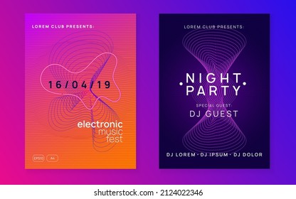 Music fest. Dynamic fluid shape and line. Cool concert banner set. Music fest neon flyer. Electro dance. Electronic trance sound. Techno dj party. Club event poster.