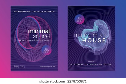 Music fest. Dynamic fluid shape and line. Minimal discotheque magazine set. Music fest neon flyer. Electro dance. Electronic trance sound. Techno dj party. Club event poster.