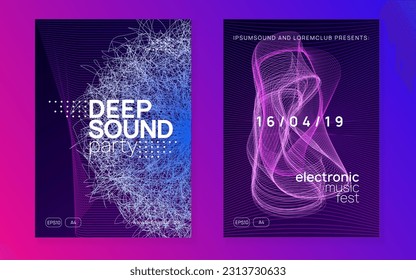 Music fest. Dynamic fluid shape and line. Modern show magazine set. Music fest neon flyer. Electro dance. Electronic trance sound. Techno dj party. Club event poster.