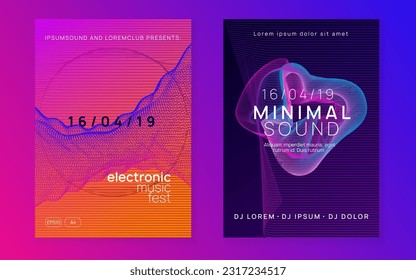 Music fest. Dynamic fluid shape and line. Geometric show invitation set. Music fest neon flyer. Electro dance. Electronic trance sound. Techno dj party. Club event poster.