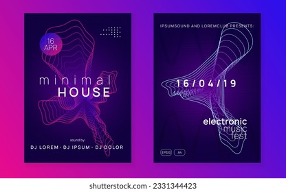 Music fest. Dynamic fluid shape and line. Curvy discotheque invitation set. Music fest neon flyer. Electro dance. Electronic trance sound. Techno dj party. Club event poster.