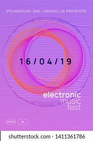 Music fest. Dynamic gradient shape and line. Geometric discotheque banner concept. Music fest neon flyer. Electro dance. Electronic trance sound. Techno dj party. Club event poster.