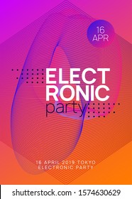Music fest. Dynamic gradient shape and line. Digital show invitation layout. Music fest neon flyer. Electro dance. Electronic trance sound. Techno dj party. Club event poster.