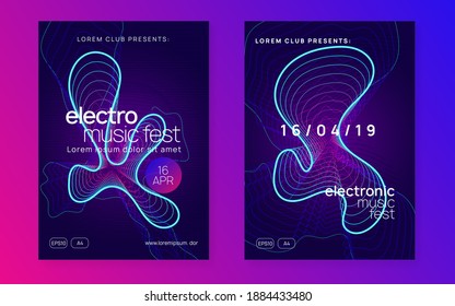 Festival de música. Forma y línea de degradado dinámico. Buen juego de folletos. Volante del festival de música neón. Danza de Electro. Sonido de trance electrónico. Partido Techno dj. Afiche del evento en el club.