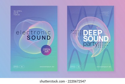 Music fest. Dynamic gradient shape and line. Cool concert invitation set. Music fest neon flyer. Electro dance. Electronic trance sound. Techno dj party. Club event poster.