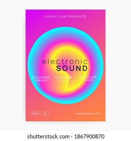 Music fest. Electronic sound. Night dance lifestyle holiday. Fluid holographic gradient shape and line. Minimal disco concert brochure layout. Summer poster and music fest flyer.
