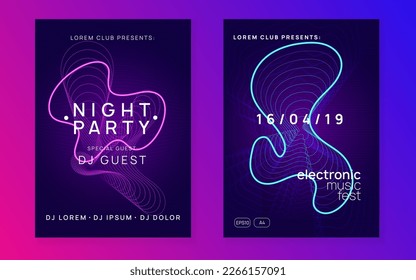 Music fest. Energy discotheque cover set. Dynamic fluid shape and line. Music fest neon flyer. Electro dance. Electronic trance sound. Techno dj party. Club event poster.