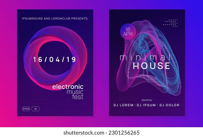 Music fest. Energy discotheque magazine set. Dynamic fluid shape and line. Music fest neon flyer. Electro dance. Electronic trance sound. Techno dj party. Club event poster.