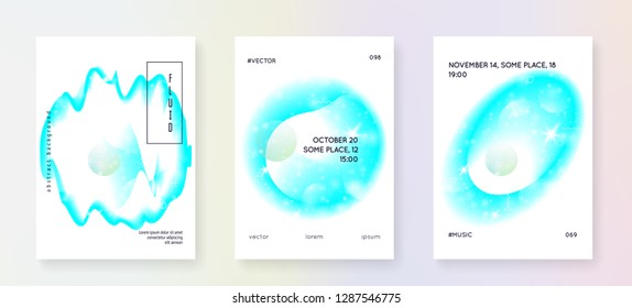 Music fest. Fluid holographic gradient shape and line. Wavy cover layout set for techno show. Electronic sound. Night dance holiday. Music fest summer poster and flyer.