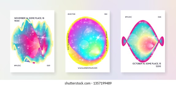 Music fest. Fluid holographic gradient shape and line. Commercial presentation template set for techno party. Electronic sound. Night dance holiday. Music fest summer poster and flyer.
