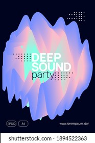 Music fest. Fluid holographic gradient shape and line. Electronic sound. Night dance lifestyle holiday. Trendy indie show invitation layout. Summer poster and music fest flyer.