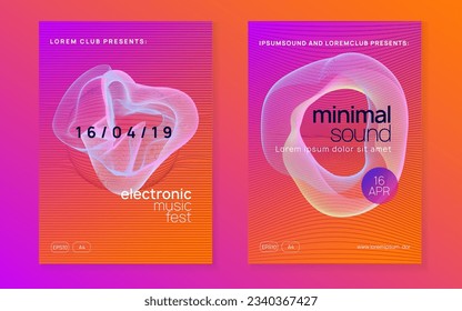 Music fest. Futuristic show magazine set. Dynamic gradient shape and line. Music fest neon flyer. Electro dance. Electronic trance sound. Techno dj party. Club event poster.