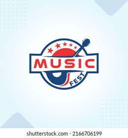 music fest guitar Logo Modern Creative Minimal Style Lettering with Blue and red Color Vector Typographic Design